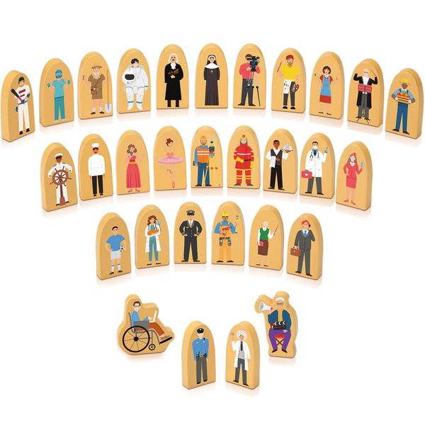 Qunclay Set of 30 Wooden Community Helpers Toys Wood Multicultural Career Figures Culturally Diverse Wooden Blocks Small Wooden People Figurines for Classroom Diversity Block Play (Wooden Color)