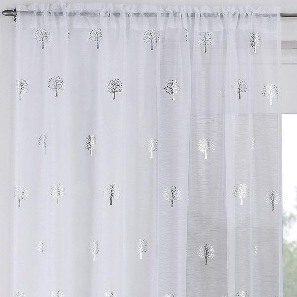 Maple Textiles Stunning Metallic Print Tree Design Sheer Voile Curtain Panel Slot Top Rod Pocket Heading (White Silver, 90" 229 cm)