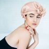 Reusable Bow Bath Cap Waterproof Shower Bonnet Turban Shower Hat Adjustable Bath Cap for Women Girl Beauty Hair Spa (Pink+Black)