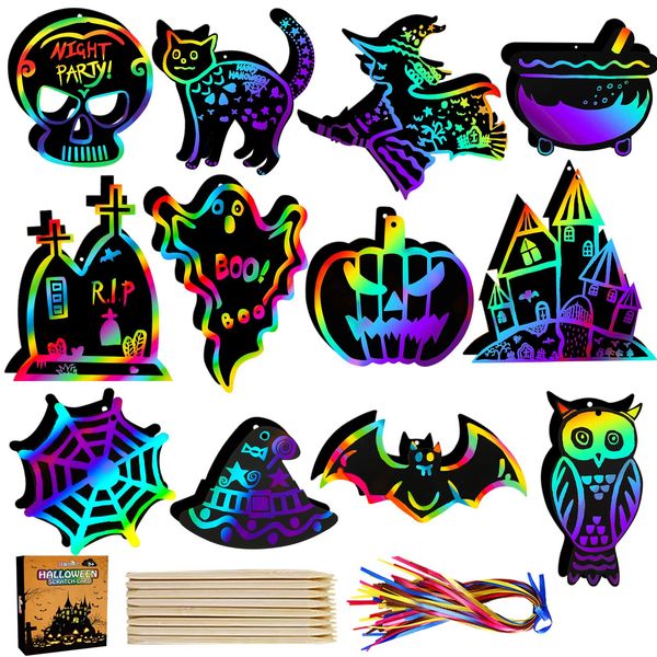 Max Fun Halloween Crafts for Kids, 48Pack Scratch Art Paper Cards Craft Kits Gifts, Magic Rainbow Ornaments Hanging Halloween Games Party Supplies Favors Classroom Activities