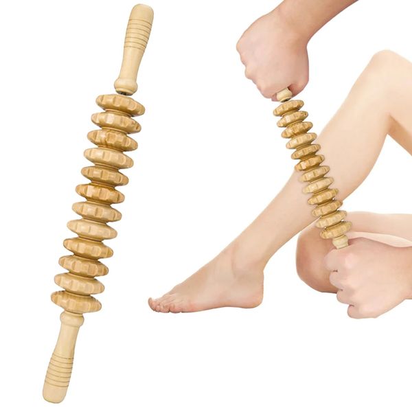 SRTSTR Faszienstab Holz Massageroller mit Griff Faszienrolle Holz Massage Roller Anti Cellulite Massagerolle Buchenholz Körper Roller für Beine Nacken Muskelentspannung (Holzfarbe, 43 cm)