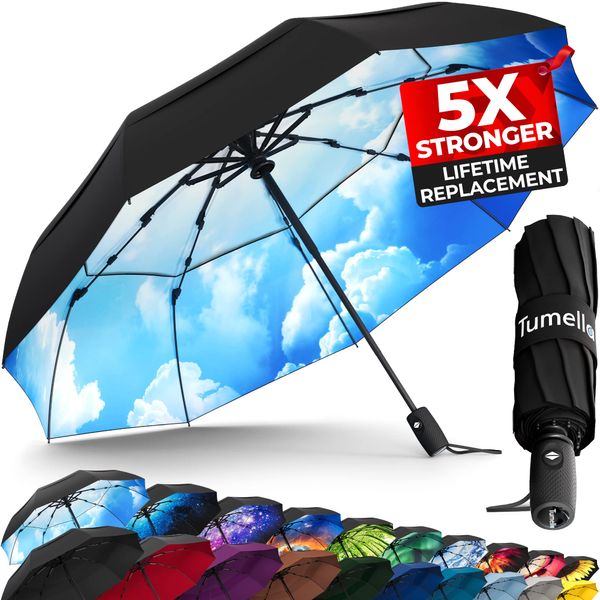 TUMELLA Strongest Windproof Travel Umbrella (Compact, Superior & Beautiful), Small Strong but Light Portable and Automatic Folding Rain Umbrella, Durable Premium Grip, Fits Car & Backpack