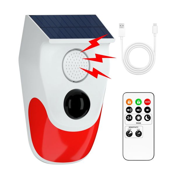 Chatthen Bewegungsmelder Aussen, Alarmanlage Haus mit Fernbedienung, Solar Bewegungssensor 30dB/60dB/120dB 3 Modi Bewegungsmelder für Haus, Bauernhof, Villa, Hof, Garten
