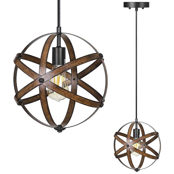 DEWENWILS Farmhouse Pendant Light, Hanging Light Fixtures Ceiling Mount, Industrial Globe Wood Grain Paint Metal Vintage, with Adjustable 6.6FT Rod, for Kitchen Island, Entryway, Living Room, Stairway