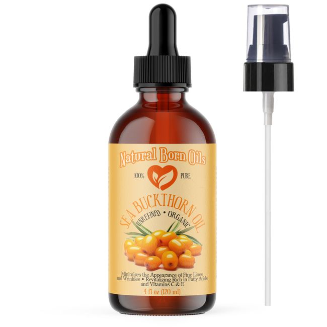 Natural Born Oils 4oz Sea Buckthorn Oil, 100% Pure and Natural, Organic, Cold-pressed, Unrefined, Revitalizing, Includes Pump & Dropper