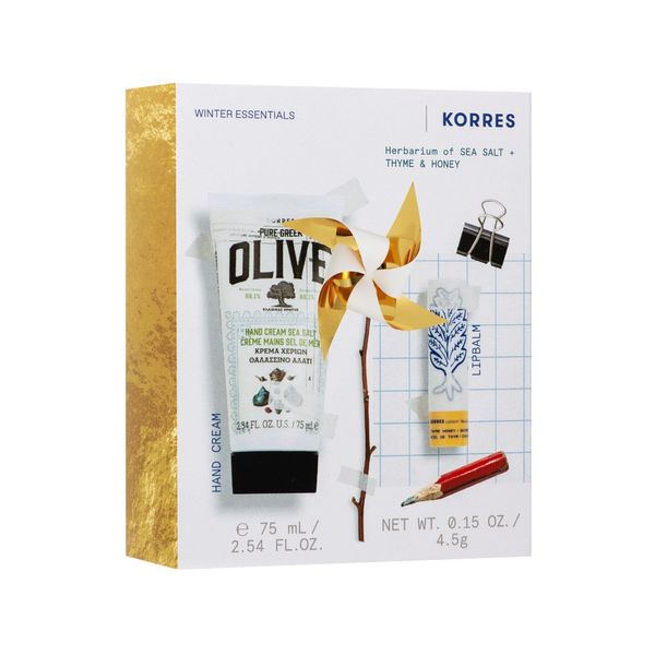 KORRES WINTER ESSENTIALS Hand- und Lippen Pflegeset, Geschenkset zum Vorteilspreis für Damen und Herren, mit pflegendem Lipbalm Thyme Honey 4,5 gr + Olive Sea Salt Handcreme 75 ml