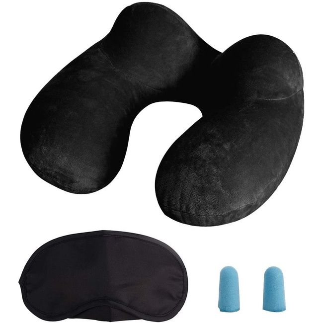 Inflatable Velvet Travel Pillow Kit | With FREE Ear Plugs and Sleep Mask, Black