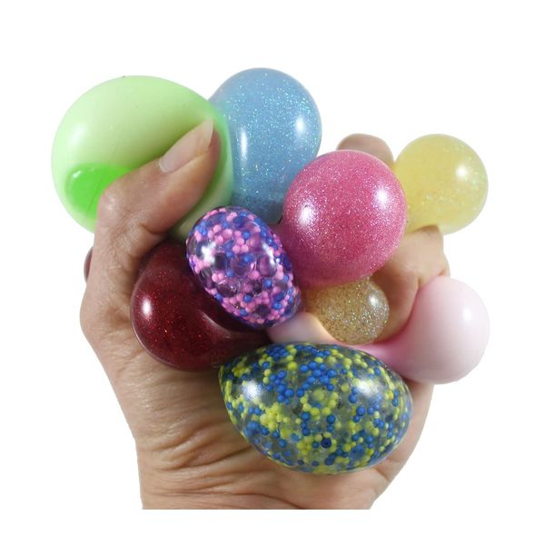 Curious Minds Busy Bags 8 Mini Stress Balls - 4 Glitter, Metallic, Confetti, Glow in Dark 1.5" Stress Ball - Ceiling Sticky Glob Balls - Squishy Gooey Shape-able Squish Sensory Squeeze Balls