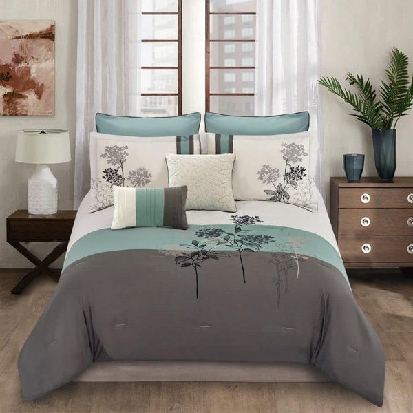 Riverbrook Home Emilie Comforter Set, Queen, Blue/Gray/Ivory, 8 Piece Set