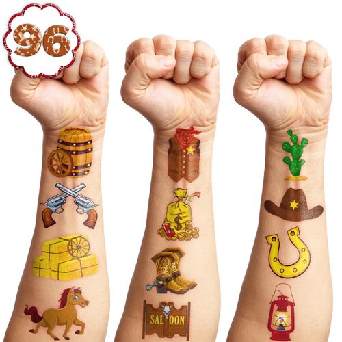 Cowboy Temporary Tattoos First Birthday Party Decorations Supplies Favors 96 PCS 8 Sheets Cute Fake Tattoo Stickers Party Games For Children Kids Boys Girls School Gifts Reward Home Activity