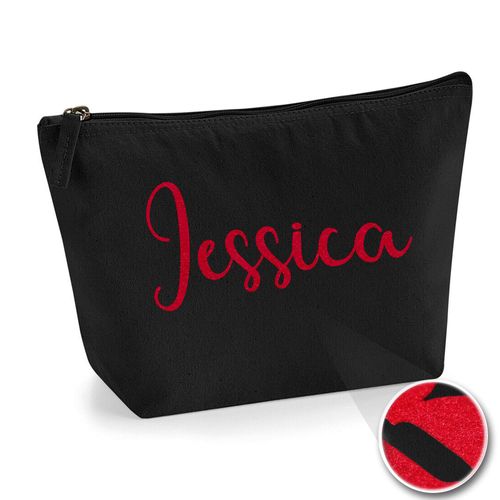Personalized Name Initials Make Up Accessory Bag in Black Colour Glitter or Flock Texture Print - Red Flock - M Black