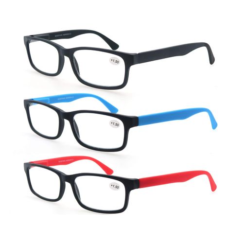 MODFANS Reading Glasses 3.0 Men Women 3 Pack,Rectangular Clear Lens Comfort Spring Hinge Eyeglasses,Stylish Lightweight Plastic Readers with Pouch Black-Blue-Red