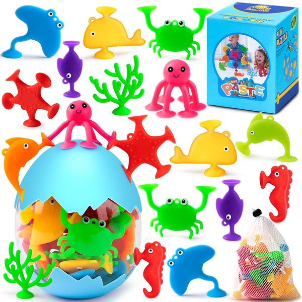 Aukful Suction Cup Toys for Kids Bath Toys, 18pcs Ocean Animal Suction Bath Toys with Eggshell Storage,Mold Free Bath Toys Toddler Sensory Toys for 3 4 5 6 7 Year Old Boys Girls Travel Toys Gifts