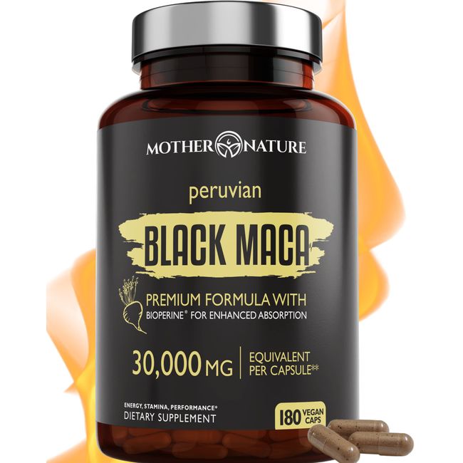 Black Maca Root Extract Highest Potency 40:1-30,000mg, Organic - 6 Month Supply - Boost Stamina, Performance, Energy, Muscle Gain & Workout, Peruvian Maca Pills w/Bioperine, Non-GMO (180 Capsules)