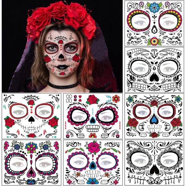 Day of the Dead Face Tattoos - 8 Sheets Halloween Temporary Tattoos Face Stickers Kit Día de Los Muertos Glitter Red Roses Skeleton Sugar Skull Fake Tattoo for Halloween Makeup on Face Body
