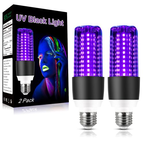 LED Black Light Bulb 15W UV Blacklight 100W Replacement 120V E26 Base, UVA Level 395-400nm Glow in The Dark for Body Pain, Blacklights Party, Halloween Decoration，2 Pack
