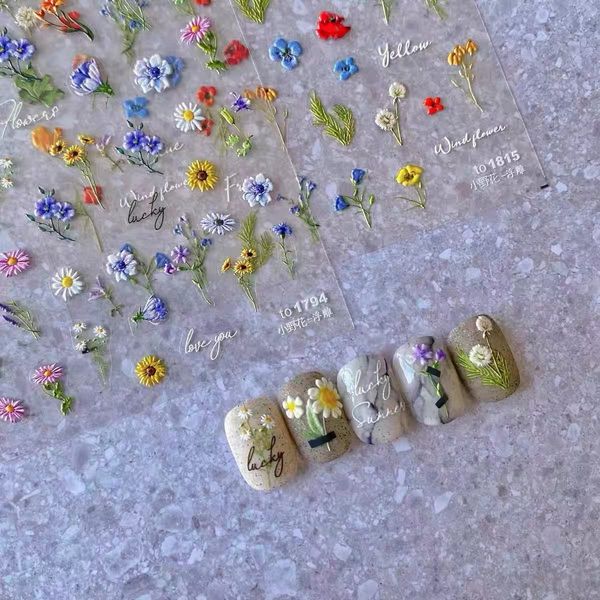 Embossed Sunflower Nail Art Sticker Small Daisy Little Wildflower Nail Art Sticker Self Adhesive Spring Summer Red Yellow Blue White Flower Nail Art Sticker Decal Design Nail Art Decoration for Women Girls Children (2 Sheets) + Multi-Function Nail Tweezer