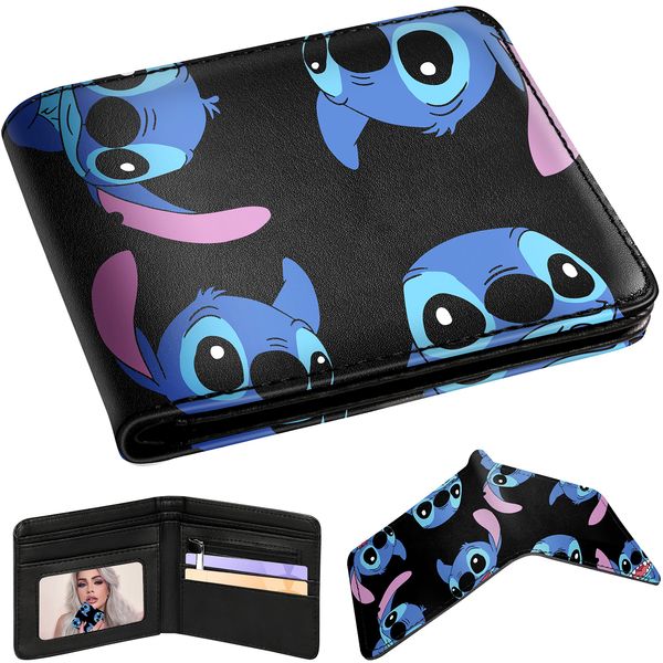 Oqplog Leather Wallet for Boys Wallets for Girls Kids Wallet Cute Kawaii Cartoon Aesthetic Character Fun Purse Credit ID Card Slim Thin Bi-fold Small Coin Purses for Teens Minimalist Black