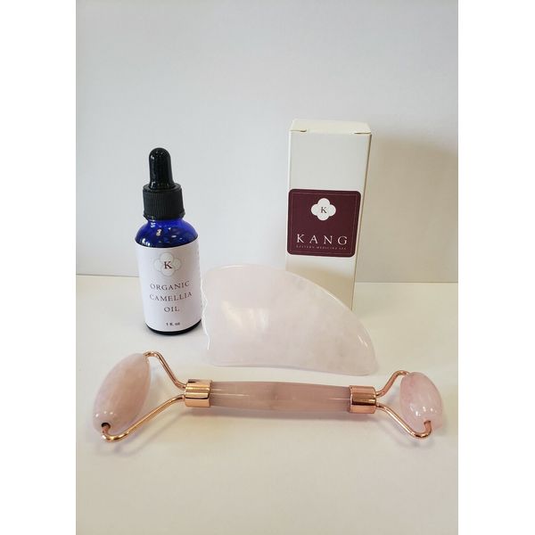 Facial Beauty Set Organic Camellia Oil Rose Quartz Gua Sha Plate Beauty Roller