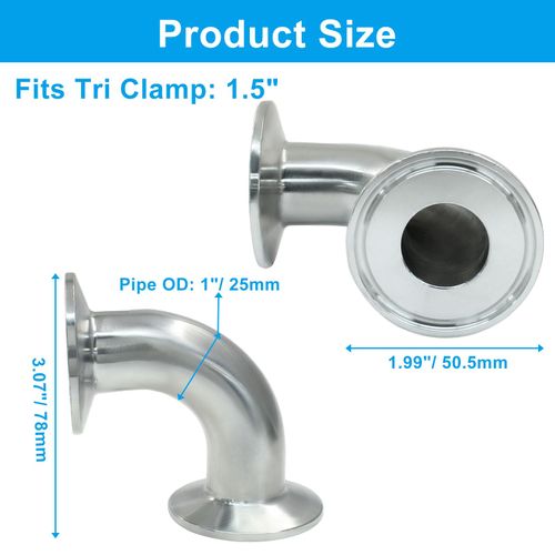 Hordion 2 Pack 1" Tube OD Sanitary Ferrule Elbow, 90 Degree Pipe Fitting with 4 Rubber Gaskets Tri Clamp 1.5 Inch
