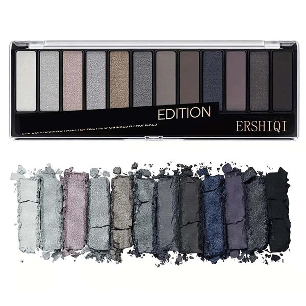 Shimmer Smokey Color Eyeshadow， Grey Eyeshadow Palette Black Eyeshadow 12 Pigmented, Blendable Long Lasting Matte Eyeshadow Palette Pigment Color Eye Shadow Cosmetic Cream Makeup