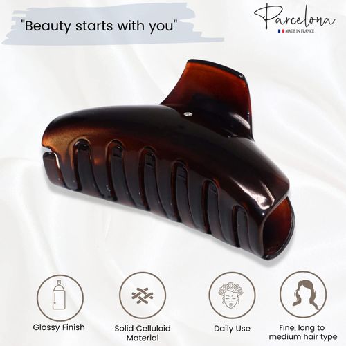 Parcelona French Elegant Medium Tortoise Shell Brown Celluloid Acetate Covered Spring Jaw Hair Claw Clip Clutcher Clamp with Flat Teeth for Long Fine Hair