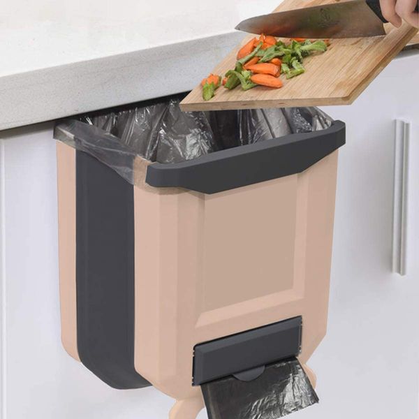 HUAPPNIO Kitchen Bin Plastic Folding Wall Mounted for Cupboard Door Hanging Trash Can 8L (Beige)