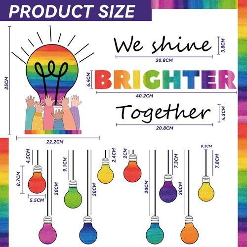 Tevxj Light Bulb Bulletin Board Set Decorations Rainbow Cutouts Colorful Light Bulb Wall Decals Rainbow We Shine Brighter Together Paper-Cuts for Birthday Party Nursery Classroom Decor