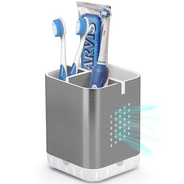 Boperzi Toothbrush Holder Toothpaste Organizer Drainage for Bathroom Vanity, Detachable Anti-Slip Brushed Nickel Toothpaste Storage Caddy 3 Slots with Drainage Holes for Makeup Brush Razor Stand