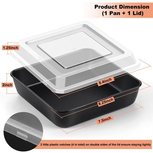 TeamFar Square Baking Pan, 8Inch Cake Tin with Lid with Stainless Steel Core & Nonstick Coating, for Baking Roasting Serving, Non-toxic, Easy to Release & Clean- (1 Pan + 1 Lid)