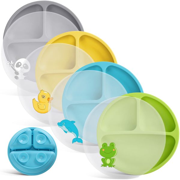 VITEVER 4 Pack Suction Plates with Lids for Baby & Toddler, 100% Food-Grade Silicone, Divided Design, Microwave & Dishwasher Safe