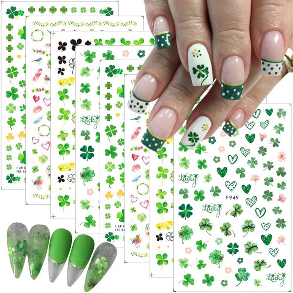 8Pcs St. Patrick's Day Nail Stickers Shamrocks Nail Art Stickers Irish Four Leaf Clover Nail Decals 3D Self-Adhesive Design Stickers St. Patrick's Day Nail Supplies Spring Summer Lucky Leaf Nail Decor