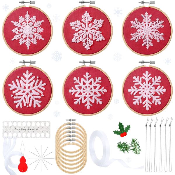 6 Sets Winter Embroidery Kit for Beginners Snowflakes Christmas Cross DIY Needlepoint Kit with Patterns, Instructions, Embroidery Hoops, Threads, Needles, Needle Threader, Ropes, Ribbon (Red)