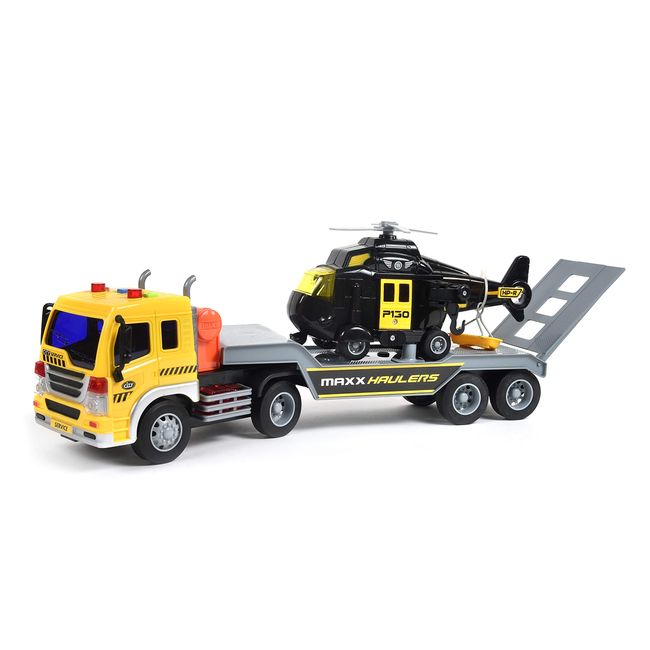 Semi Truck Helicopter Carrier Transport – Lights and Sounds Toy Vehicle with Friction Motor | Realistic Truck and Trailer for Kids – Maxx Action