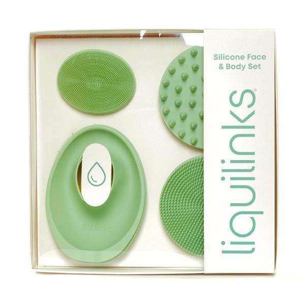 LiquiLinks Skincare Essentials Kit - 4 Piece Bundle Pack - Face and Body Silicone Spa Accessory - Essential Beauty Set for Teen Girls Sage Green