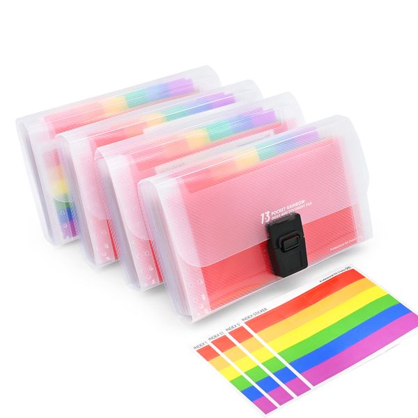 4 Pack Expanding File Folder, A6 Size 13 Pockets Portable Accordion Folder Expandable File Rainbow Document Organiser Expanding Ticket Folders Plastic Bills Storage Box 18x10.5x3cm