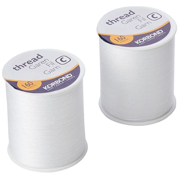 Korbond 320m Sewing Thread – 2 x 160m Spools -White Polyester – Hand and Machine Sewing