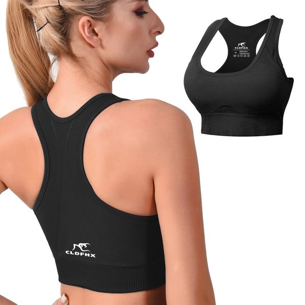 CLDFHX Women Sports Bra High Impact Support Comfort Seamless Racerback Sports Bras with Removable Pads for Exercise Yoga Workout Gym Running Fitness, Black/S