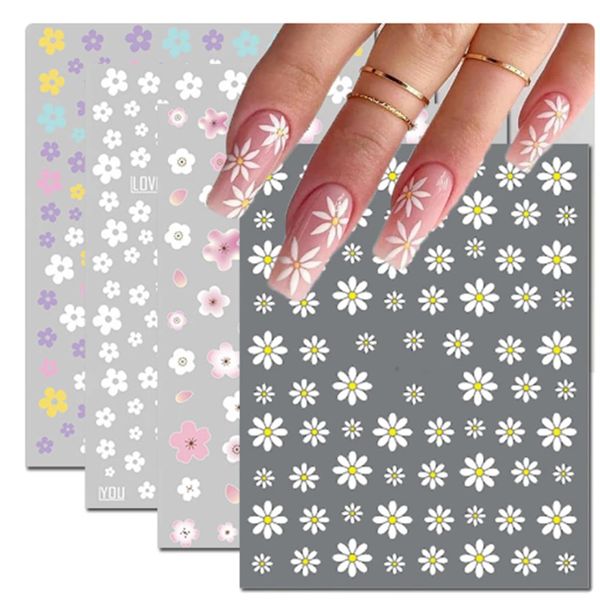 6 Sheets Flower Nail Art Sticker Decals, Charming Daisy Nail Stickers Spring Nail Decals for Nail Art Cute Floral Design Nail Supplies Elegant Self Adhesive Nail Art Decals for Women Nail Decoration