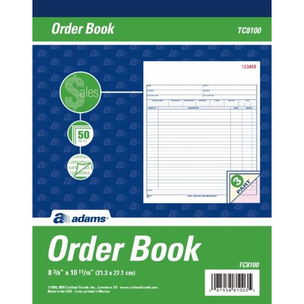 Adams Order Book, Carbonless, White/Canary/Pink, 3-Part, 8-3/8 x 10-11/16 Inches, 50 Sets (TC8100)