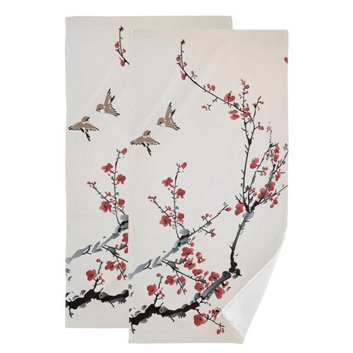 HUAZHIKOU Rustic Red Cherry Blossom Hand Towels for Bathroom Set of 2 Microfiber Spring Japanese Plum Flower Asian Ink Kitchen Dish Towels Decorative Bathroom Towels for Bath Guest Shower 14"x28"