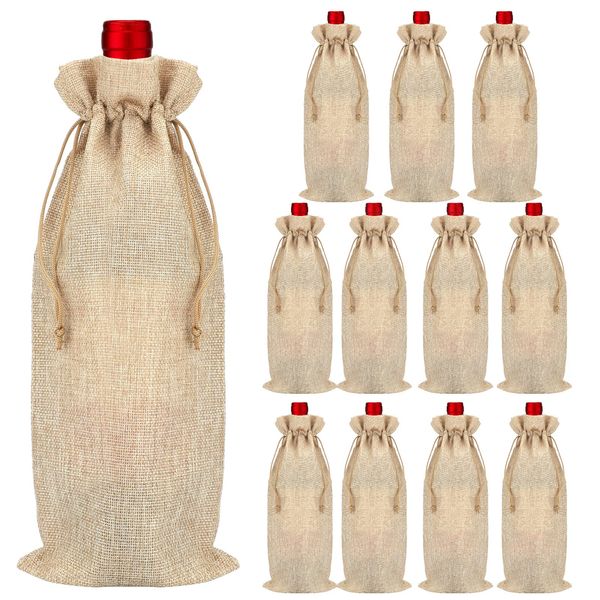 G2PLUS 12 PCS Brown Burlap Bottle Wine Bags, 16 x 36 cm Hessian Jute Wine Bottle Gift Bags with Drawstring