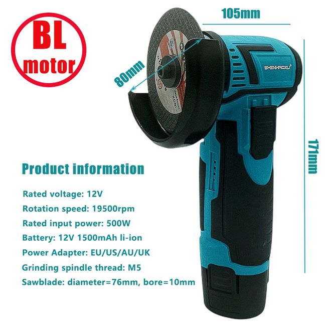 Brushless Cordless Angle Grinder, 12V 19500rmp Mini Grinding Machine Power  Tool Rechargeable Polisher Angle Grinder Cutter Grinding Machine