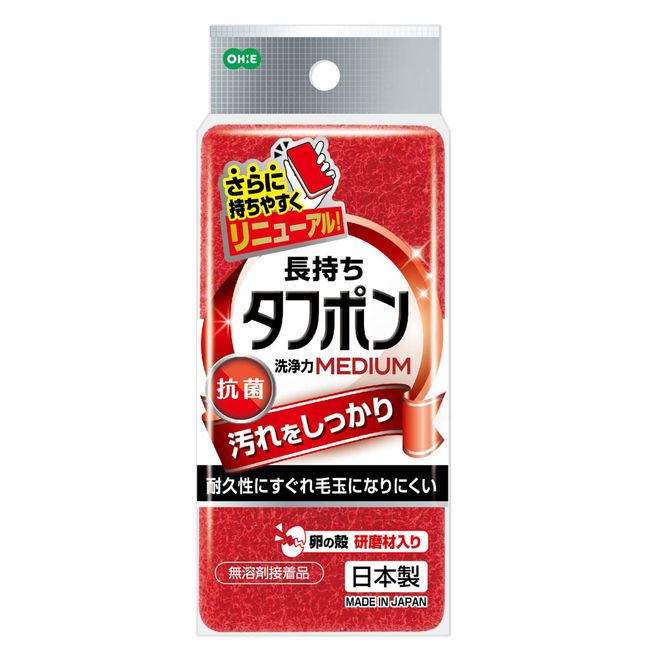 Ohe Kitchen Sponge, Red, Approx. 4.7 x 2.3 x 2.3 inches (12 x 5.8 x 3.5 cm), Tough Pon, Medium, Abrasive, Antibacterial Treatment, Made in Japan