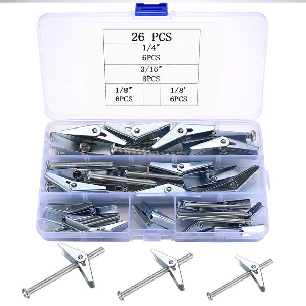 Toggle Bolt and Wing Nut Set, 26 Pcs Toggle Drywall Anchors, Hollow Wall Anchors Toggle Bolts and Phillips Screws Assortment Kit for Hanging Shelves Frames on Drywall, 1/8 * 2" 3/16 * 3" 1/4 * 3"