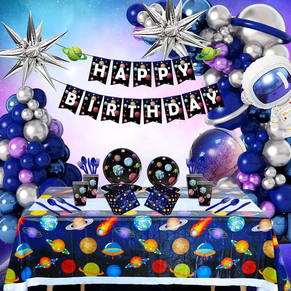 299 Pcs Space Birthday Party Supplies Decorations Include Backdrop, Tablecloth, Birthday Banners, Cake Cupcake Toppers, Latex Balloons, Hanging Swirls, Tableware Set, Aluminum foil Balloon