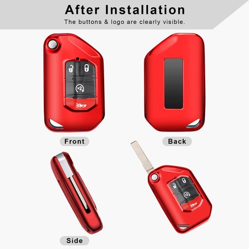 QBUC for Jeep Key Fob Cover with Keychain Flip Key Case for 2022 2021 2020 2019 2018 Jeep Wrangler Gladiator JL JLU Rubicon JT (Red)