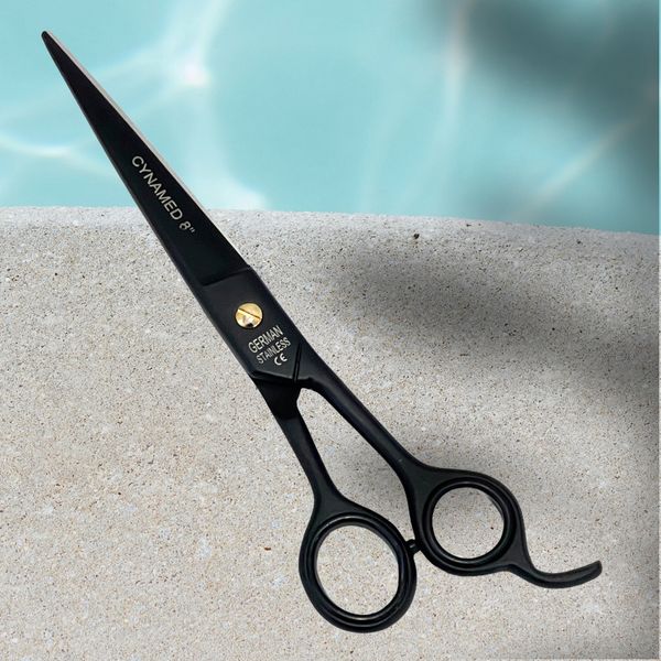 8" Full Black Barber Scissors Razor Sharp + Curved Finger Rests and Rubber Rings