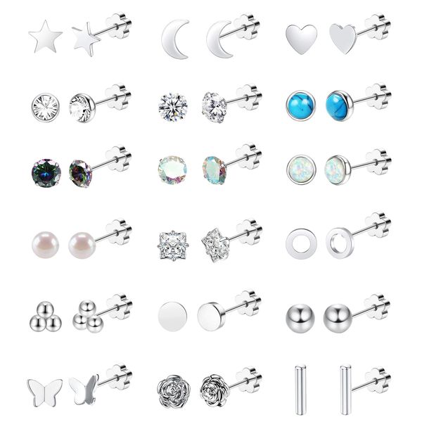 Staligue 18 Pairs Surgical Steel Earrings for Sensitive Ears Opal Pearl CZ Hypoallergenic Flat Back Stud Earrings for Women Men 20G Flower Back Cartilage Earrings Piercing Jewelry (Silver)