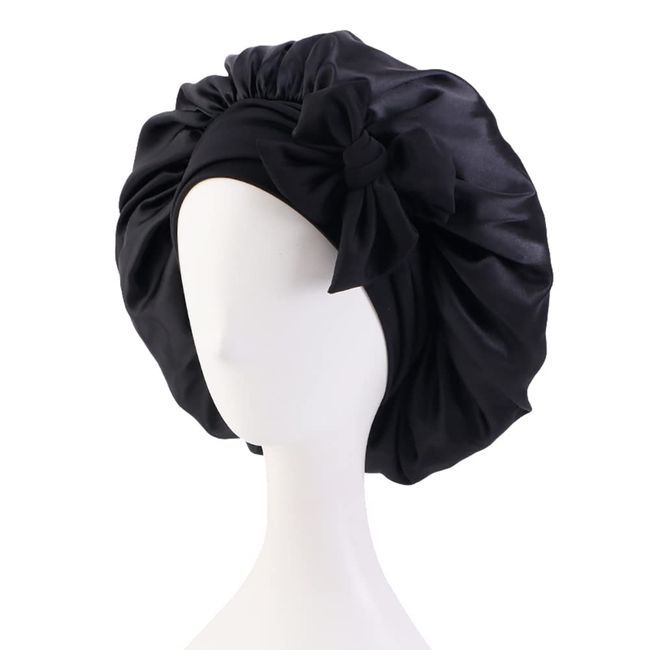 UUYYEO Satin Night Sleep Cap Silk Bonnet Hair Wrap for Sleeping Head Scarf Sleeping Head Cover for Women Black